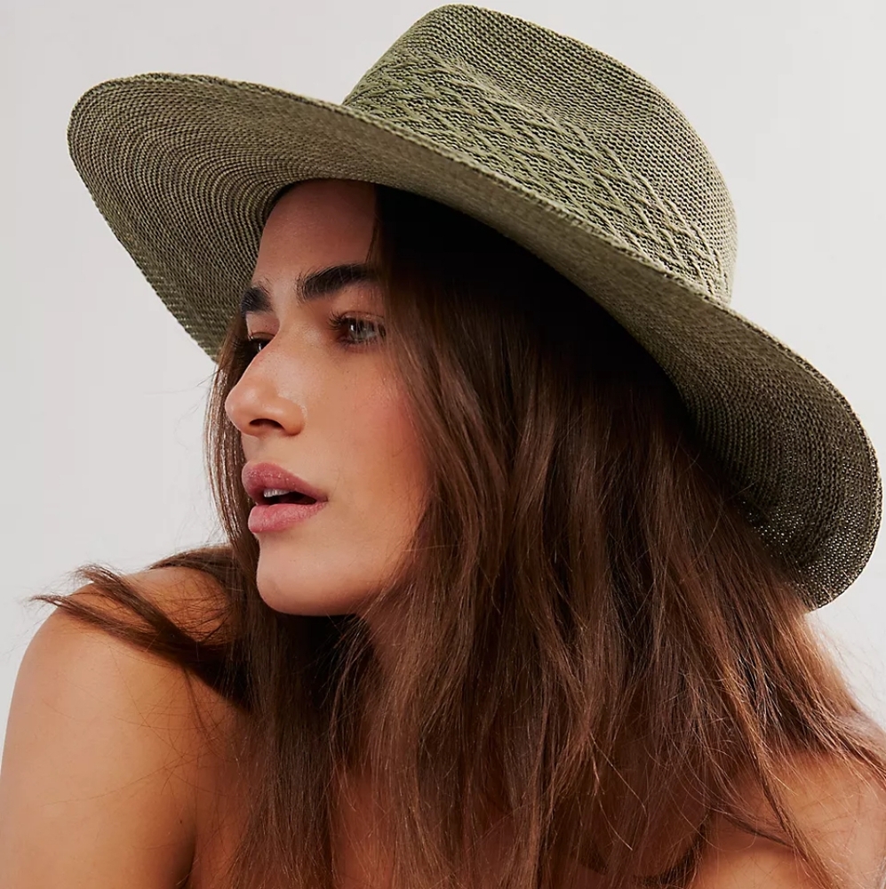 Free People Arrow Woven Packable Wide Rim Hat Avocado Green Brown
